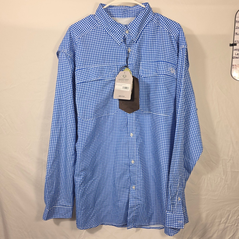Mossy Oak Fishing EAG Elite Shirt Mens 2X Blue Gingham New Long Sleeve Button Up